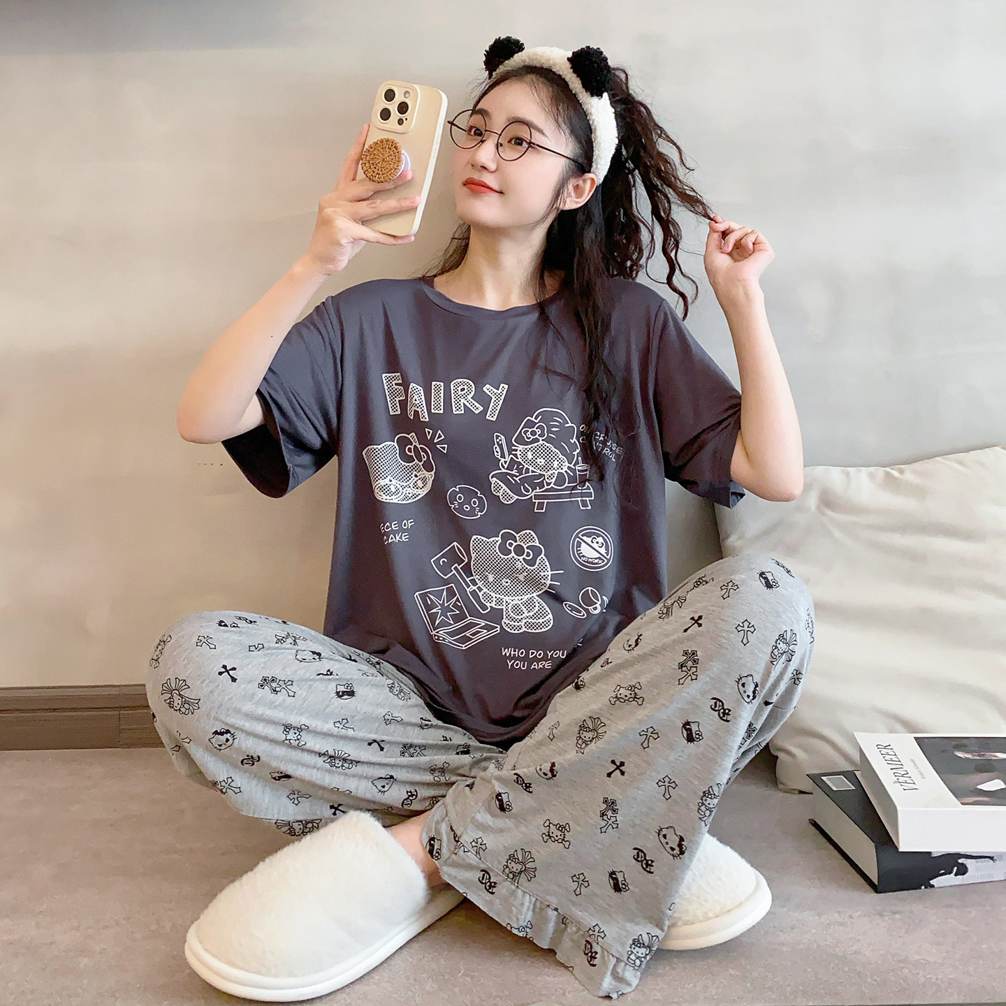凉快薄款短袖长裤睡衣女日系