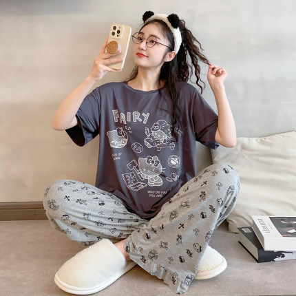 轻薄款~日系卡通短袖长裤睡衣女夏莫代尔宽松休闲凉快冰丝家居服