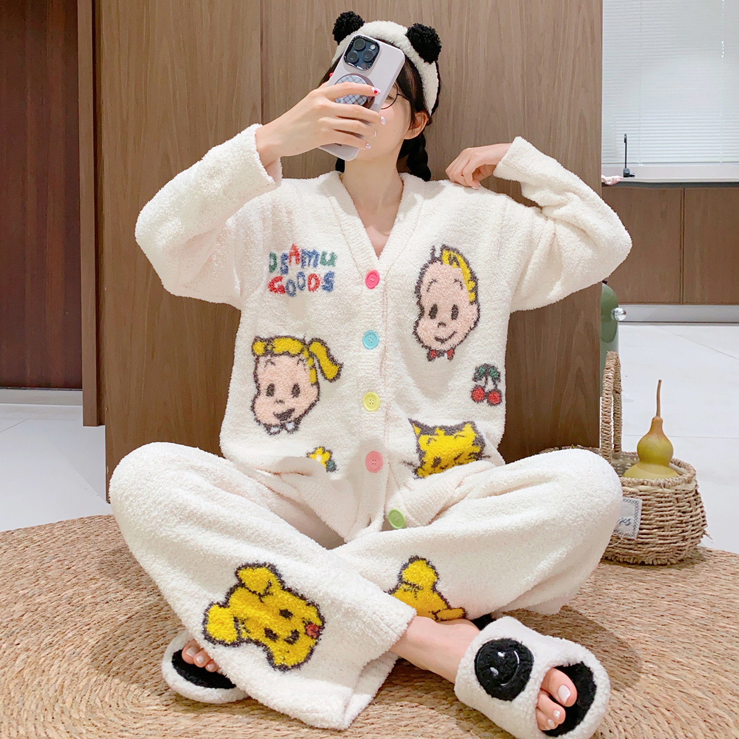 开衫半边绒保暖家居服女冬季