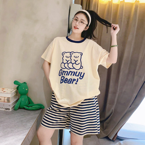 女纯棉可爱睡衣夏季短袖短裤小熊