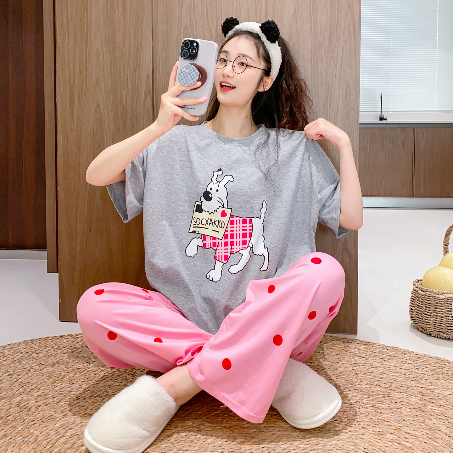 卡通小狗短袖长裤睡衣女春夏薄款纯棉宽松休闲韩版可外穿家居服