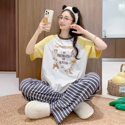 可爱卡通短袖长裤睡衣女春夏季纯棉薄款宽松休闲可外穿薄款家居服