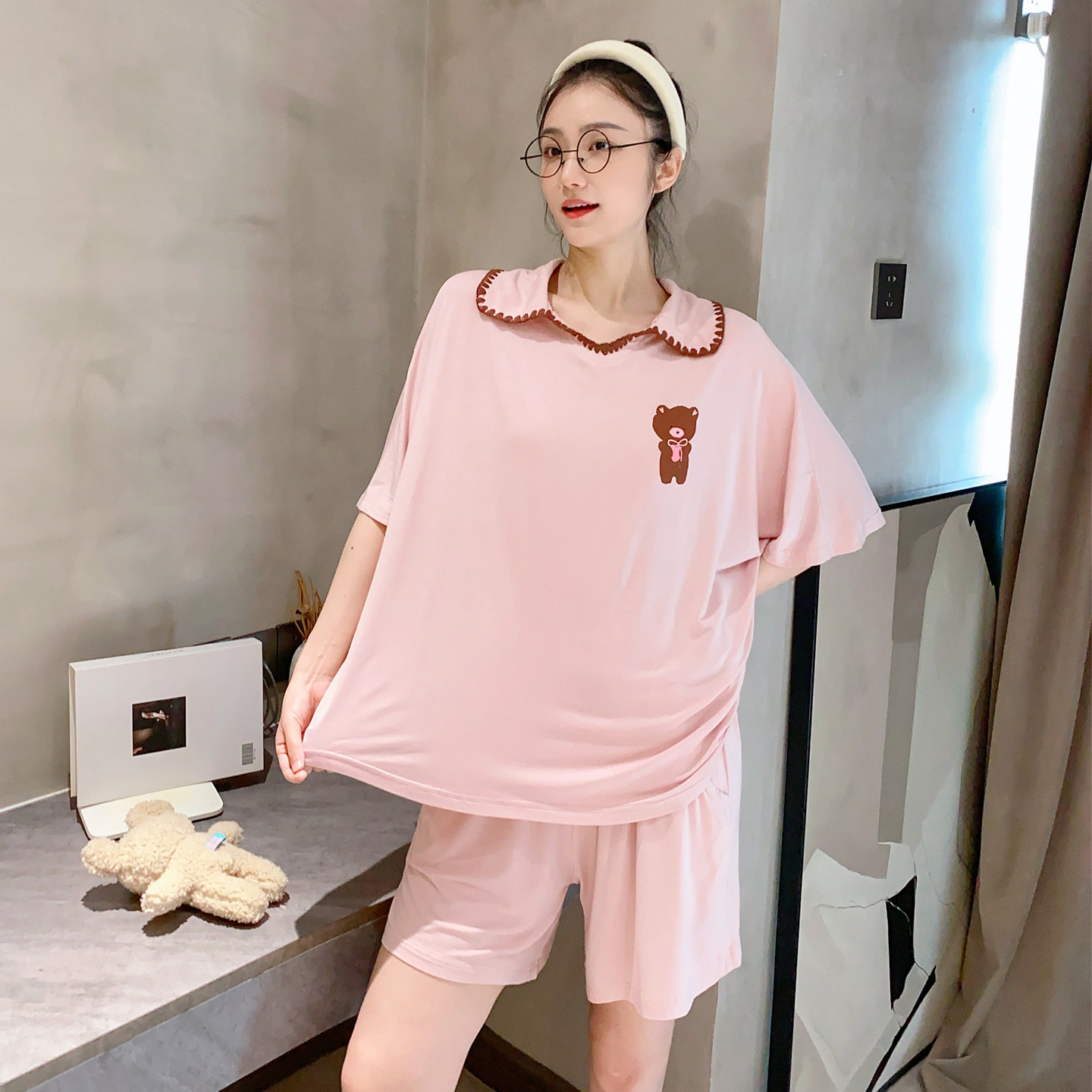 显瘦大码短袖短裤睡衣女可外穿