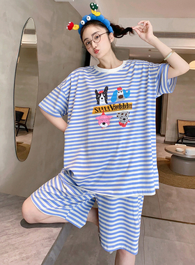条纹小狗睡衣女夏季纯棉短袖短裤休闲宽松大码胖MM休闲家居服薄款