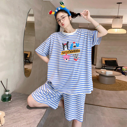 条纹小狗睡衣女夏季纯棉短袖短裤休闲宽松大码胖MM休闲家居服薄款