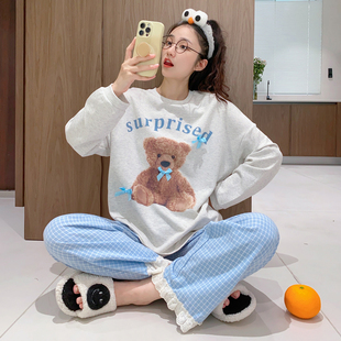 韩版小熊长袖睡衣女春秋冬季加厚纯棉宽松休闲可外穿青年家居服