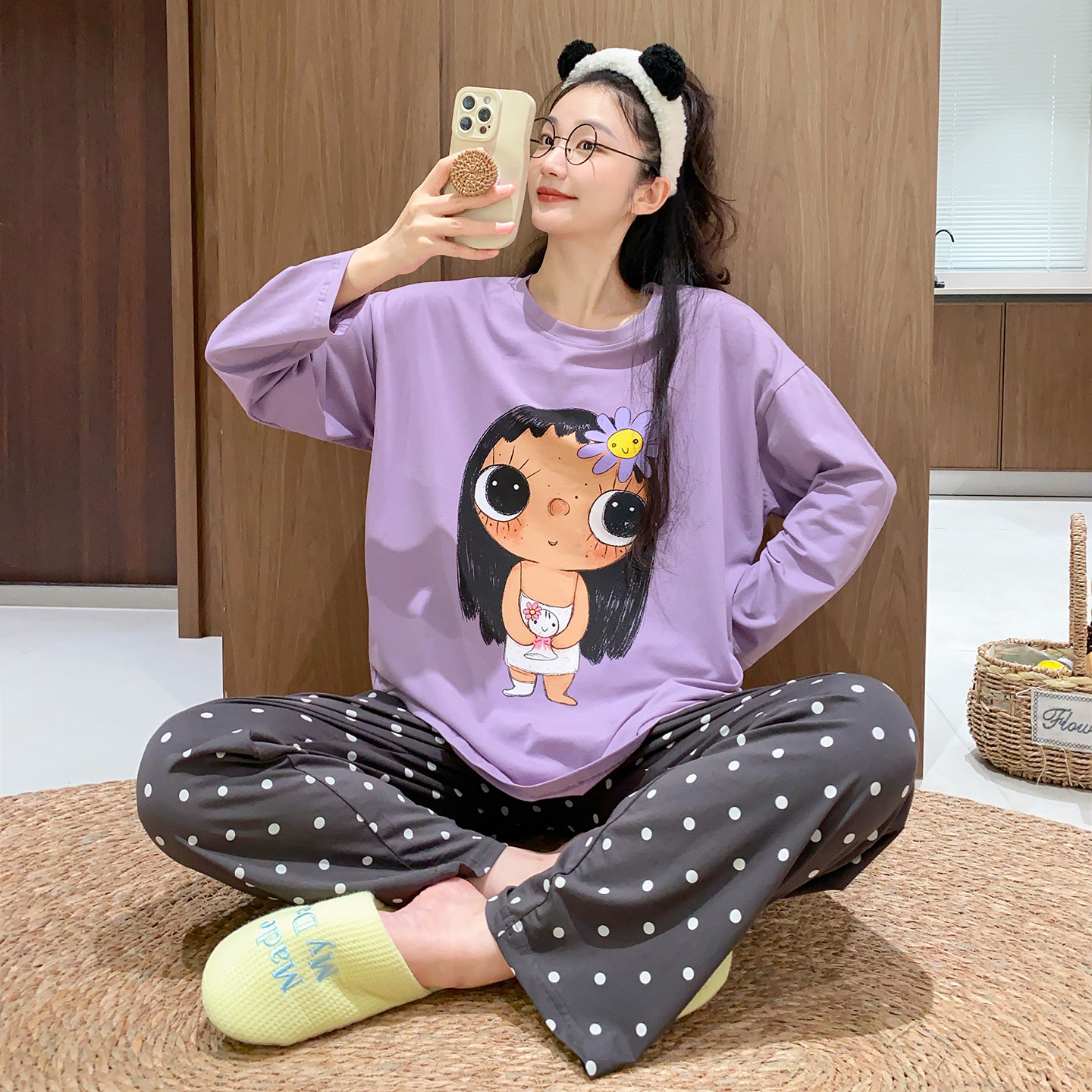 涂鸦女孩长袖睡衣女纯棉薄款宽松
