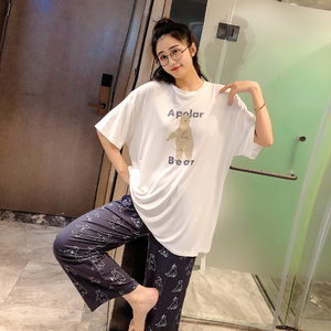 慵懒宽松莫代尔睡衣女短袖长裤情侣日系北极熊大码胖MM家居服薄款