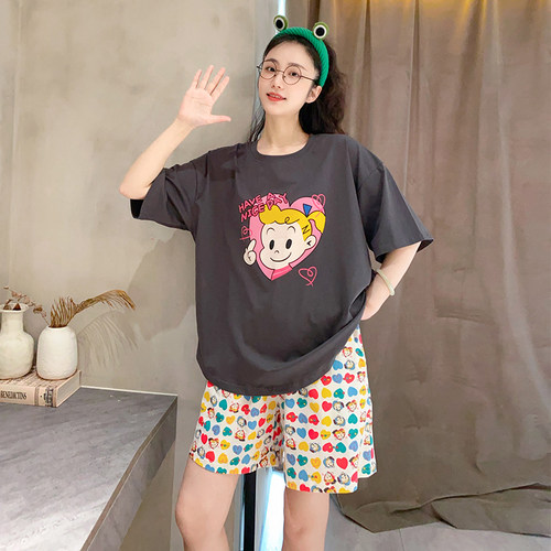 女纯棉睡衣夏季短袖短裤可爱大码