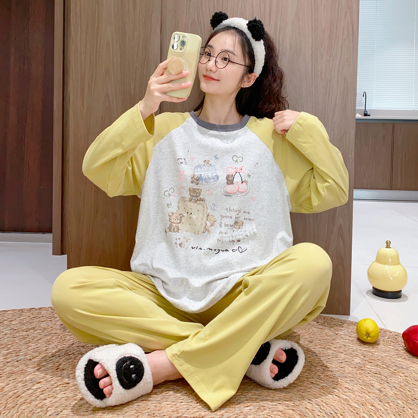 宽松休闲长袖纯棉睡衣女