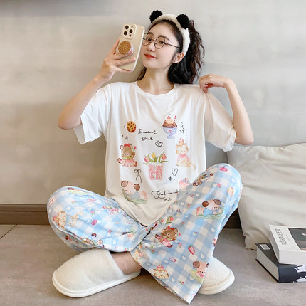 薄款莫代尔棉短袖长裤睡衣女夏季宽松休闲韩版卡通青年家居服套装