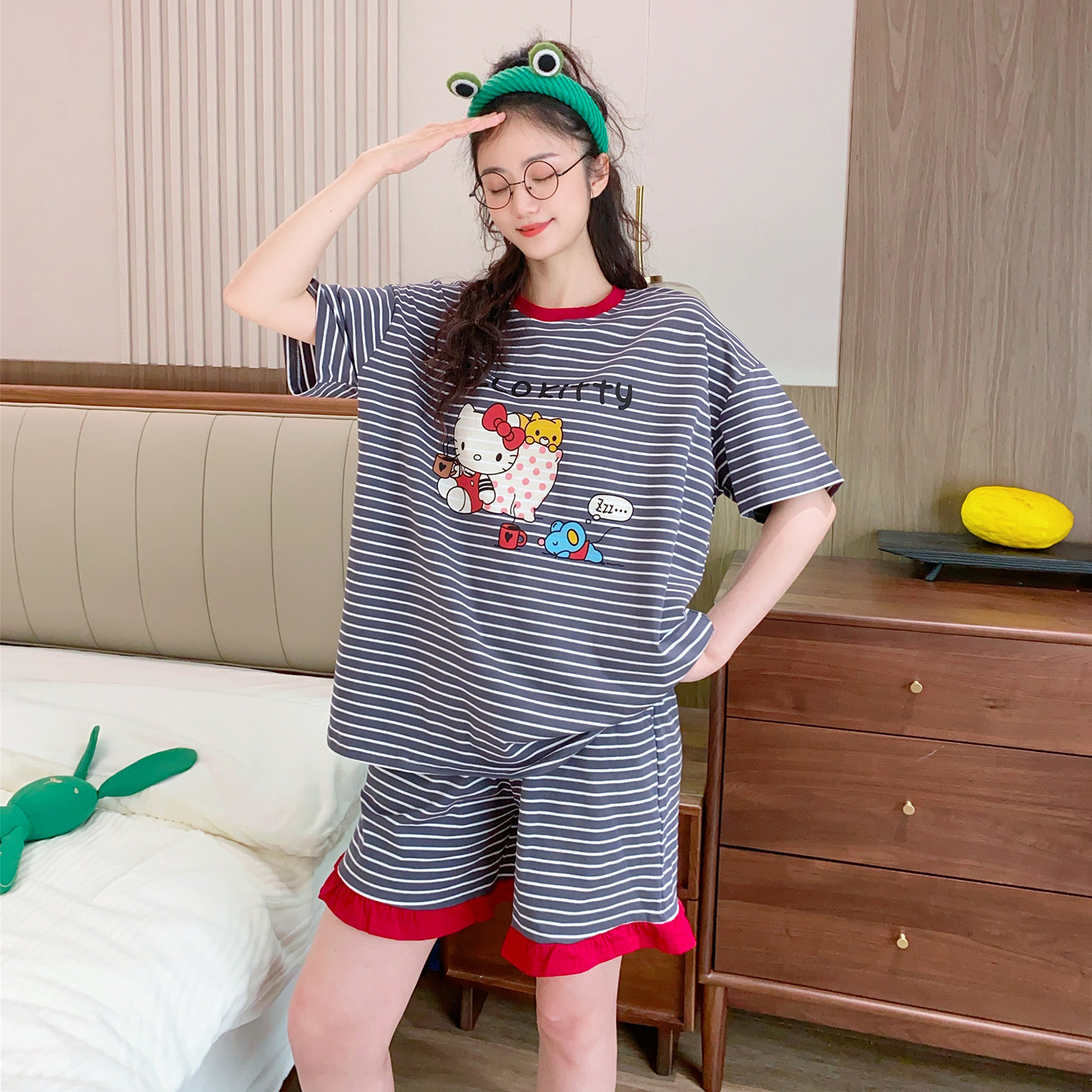 甜美可爱小猫短袖短袖睡衣女夏季纯棉薄款休闲可外穿条纹家居服