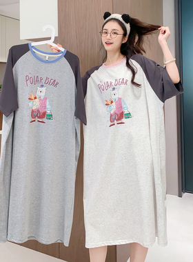 韩版小熊短袖睡裙纯棉薄款宽松大码夏季睡衣女孕妇可穿睡裙过膝