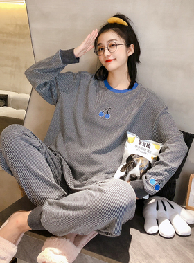 简约条纹加厚纯棉睡衣女长袖秋冬宽松大码休闲圆领青年家居服套装