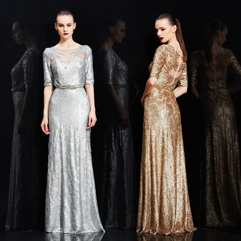 高端定制金色性感刺绣镂空晚礼服秋冬2025新款长裙修身显瘦晚装女
