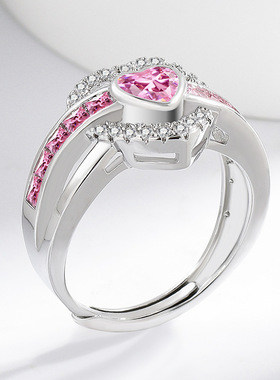 欧美风时尚镶钻粉色爱心戒指女开口可调节指环