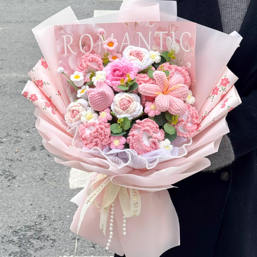 小清新编织玫瑰向日葵毛线花束成品仿真花送闺蜜女朋友生日礼物