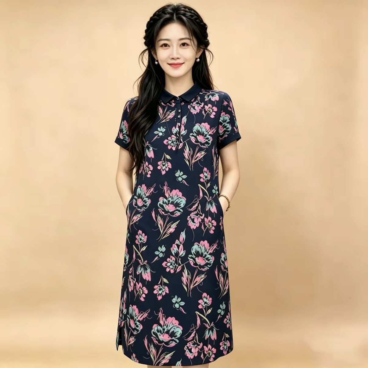 印花Polo领短袖碎花连衣裙夏季休闲显瘦中长款大码妈妈装气质过膝