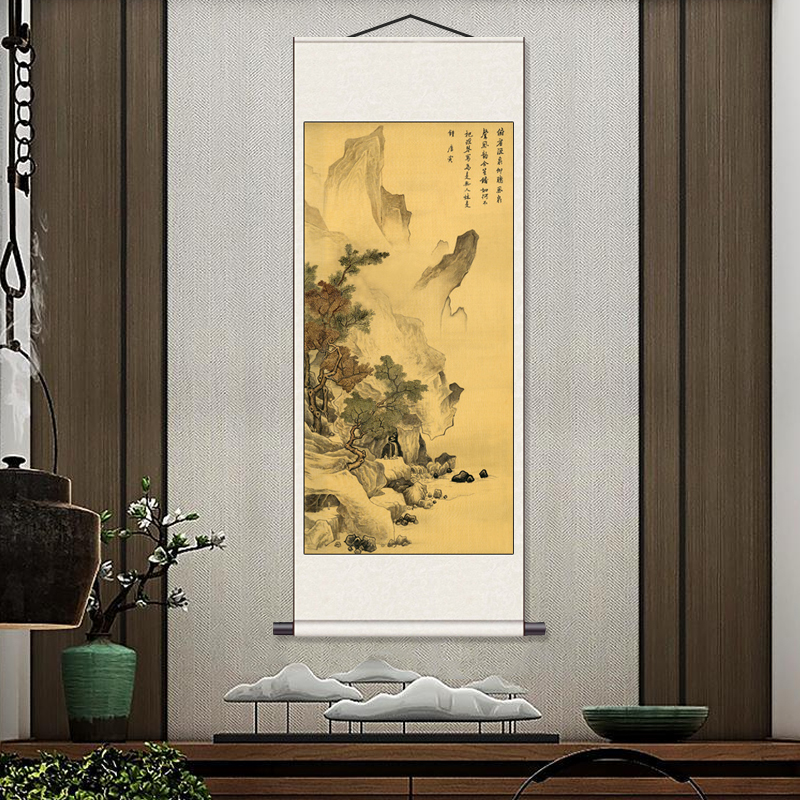 明唐寅骑驴归思山水画仿古名家字画酒店挂画茶楼壁画风水丝绸挂画