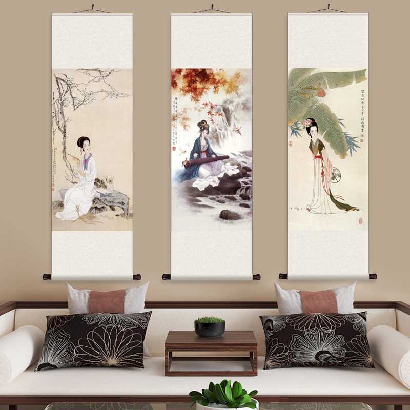 听琴仕女图装饰名家书画送客户酒店招财装饰四周礼品风水画丝绸画