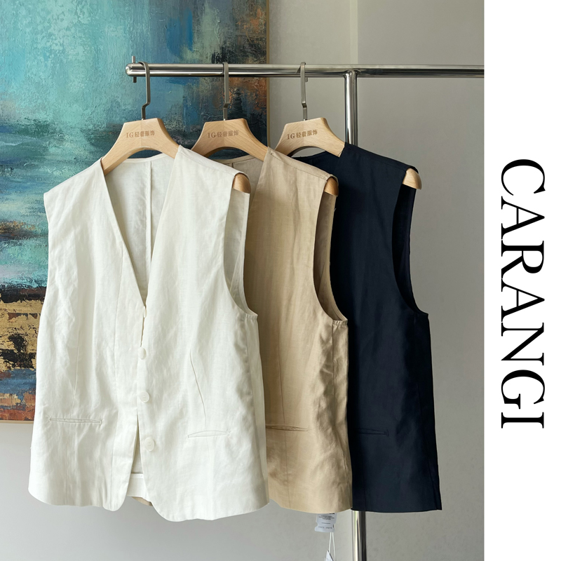 宽松亚麻混纺纽扣V领马夹女上衣