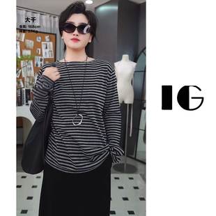 IG25105 女圆领亚麻条纹针织衫 新款 松弛感慵懒风撞色条纹长袖