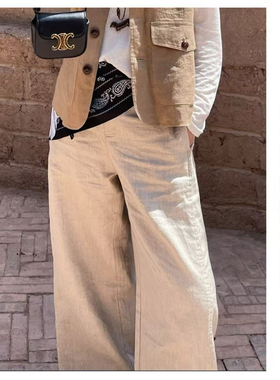 CARANGI 亚麻裤子女2025新款老钱风手工拱针直筒休闲长裤IG6230