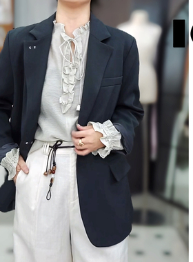 BESTE轻盈亚麻暗闪条纹手工米兰眼廓形西装外套IG4293