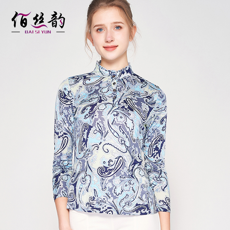 长袖宽松大码立领印花桑蚕丝套头