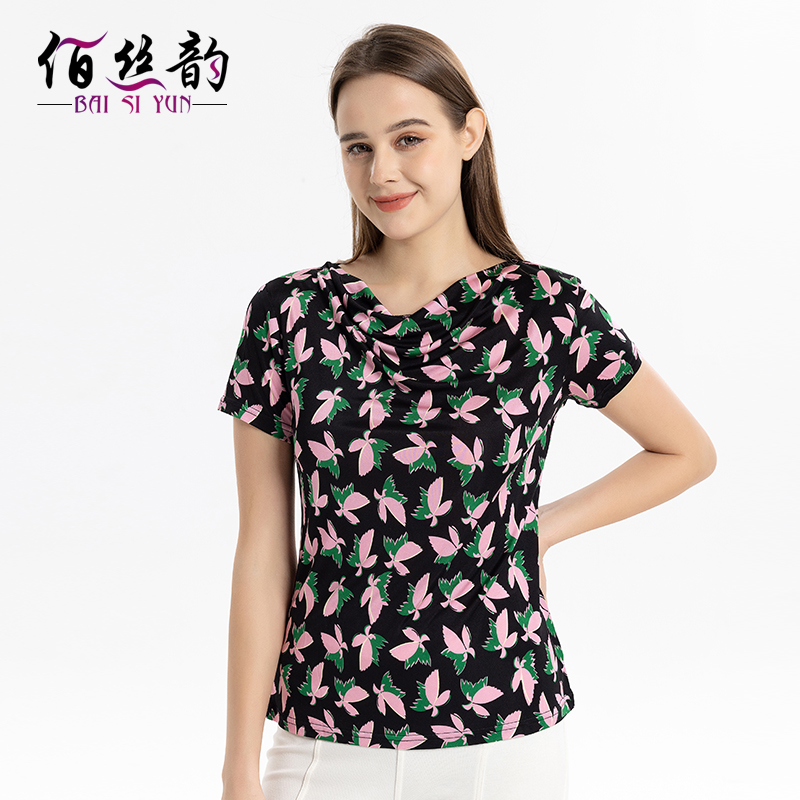短袖堆堆领真丝女士T恤大码印花
