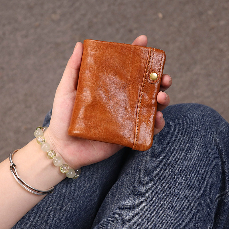 复古头层植鞣牛皮男女短款钱包