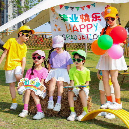 儿童彩色t恤夏季纯棉短袖小学生女毕业班服糖果色幼儿园亲子套装