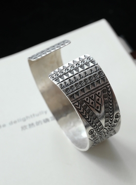 妖家 手工银饰 纯银印花款手镯 泰国进口 宽面手镯 SZ214