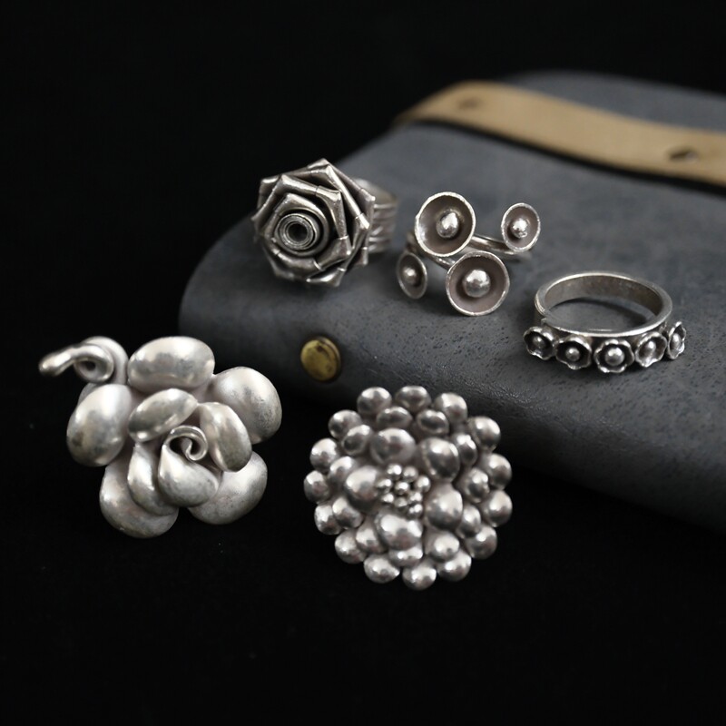 妖家 手工纯银花朵玫瑰编织复古做旧可调节戒指指环 JZ132