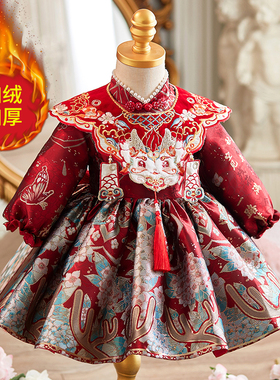 周岁礼服女宝宝2025红色新中式唐装旗袍婴儿抓周生日宴公主裙冬装