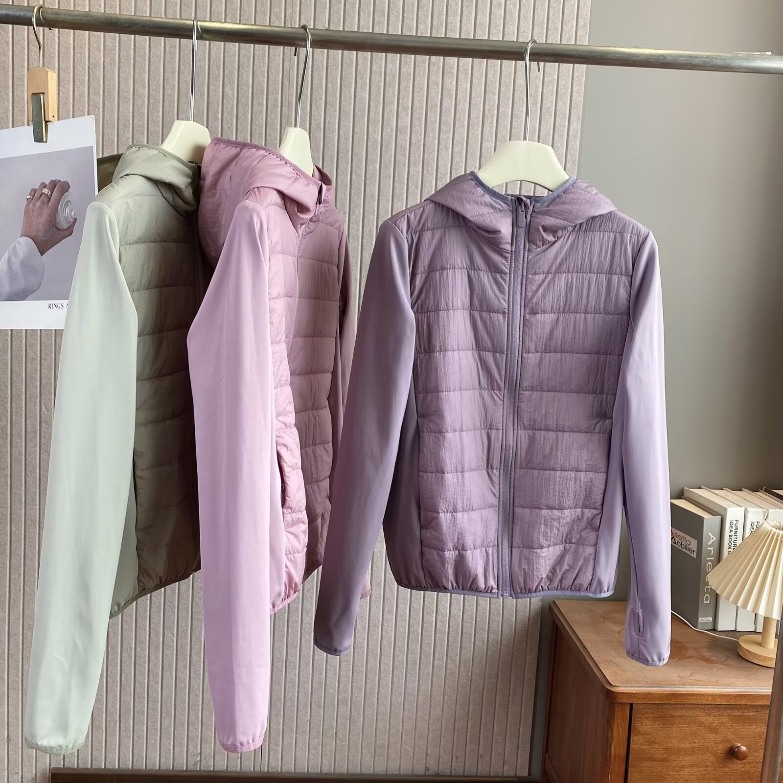 L系风格！秋冬修身百搭轻薄款棉衣拼接连帽运动瑜伽棉服外套女装