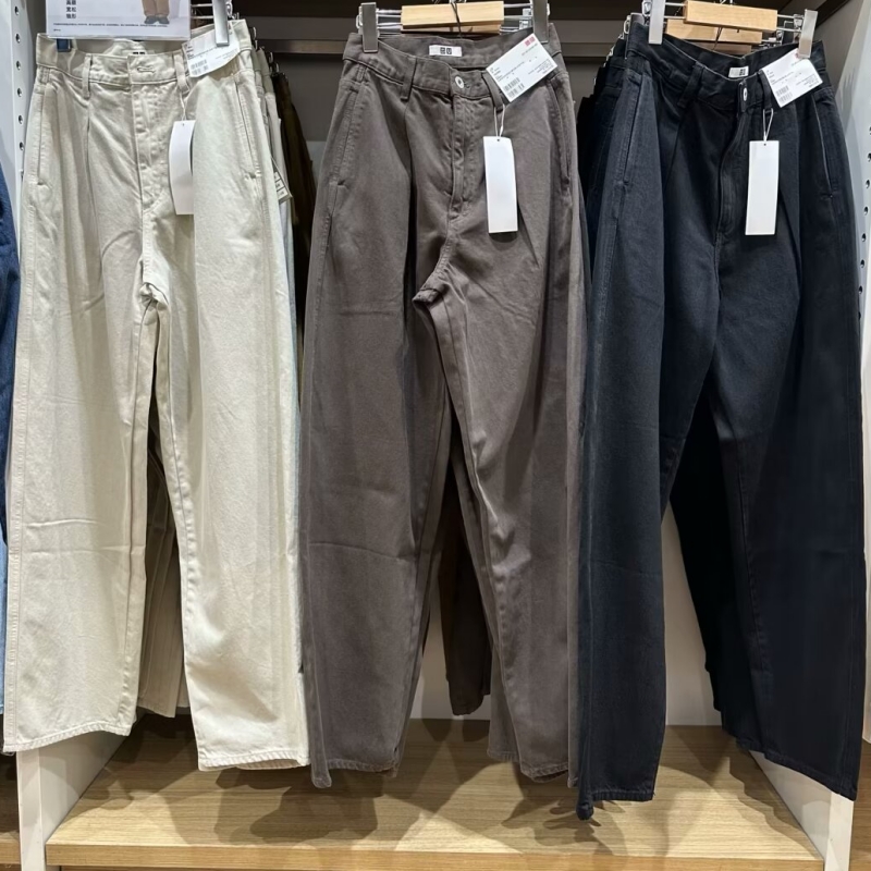 品质合作款女装彩色牛仔风打褶长裤水洗产品阔感裤牛仔裤子471631