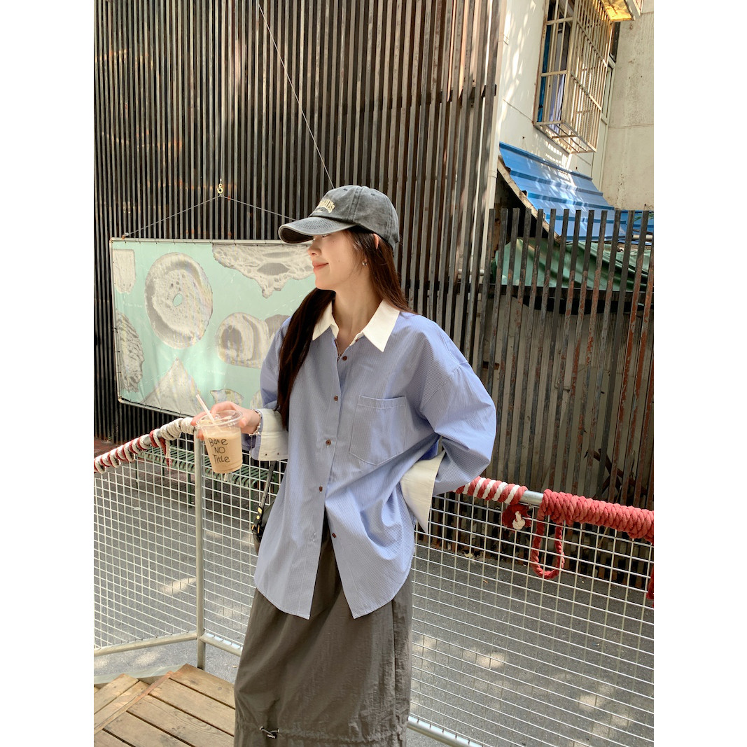 撞色拼接polo领衬衫外套女春季长袖设计感宽松衬衣中长款防晒上衣