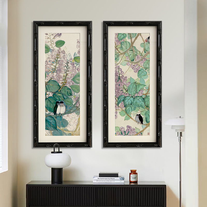 《紫藤恋语》中古风绿色花鸟风景竖版挂画实木画框玄关边柜装饰画