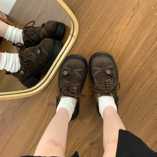 厚底系带加绒深口单鞋女2025新款秋冬配裙子增高覆古英伦风棉鞋子