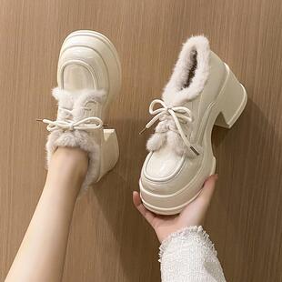 2025冬款韩版小个子厚底增高粗跟系带小皮鞋加绒毛毛深口单鞋女鞋