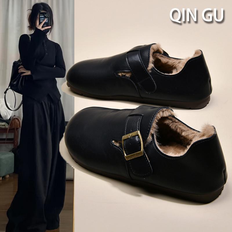 皮面加绒豆豆勃肯鞋女2025新款秋冬乐福鞋一脚蹬女鞋平底毛毛棉鞋