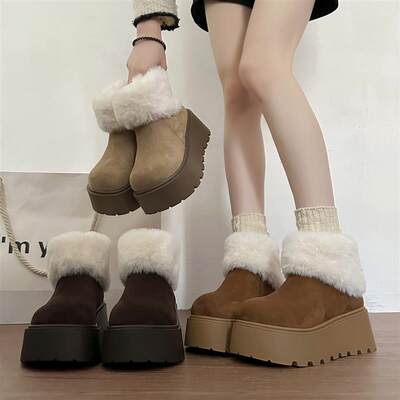 7CM增高厚底雪地靴女新款冬季加绒毛口棉鞋短筒保暖短靴勃肯鞋子