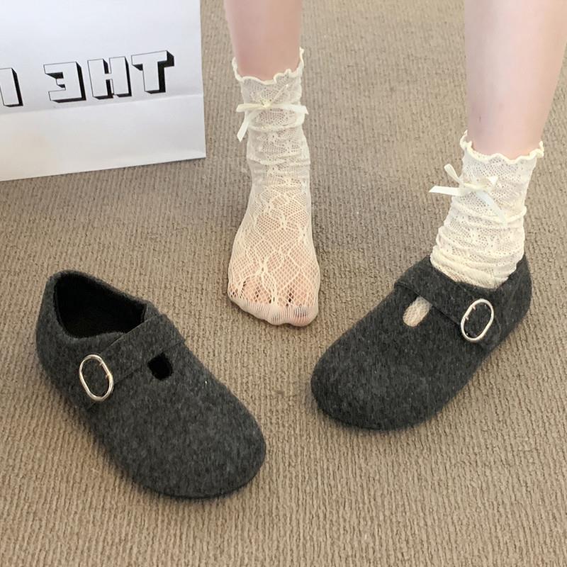 2025秋冬新款厚底毛呢百搭毛毛鞋女丑萌勃肯鞋覆古休闲棉鞋高级感