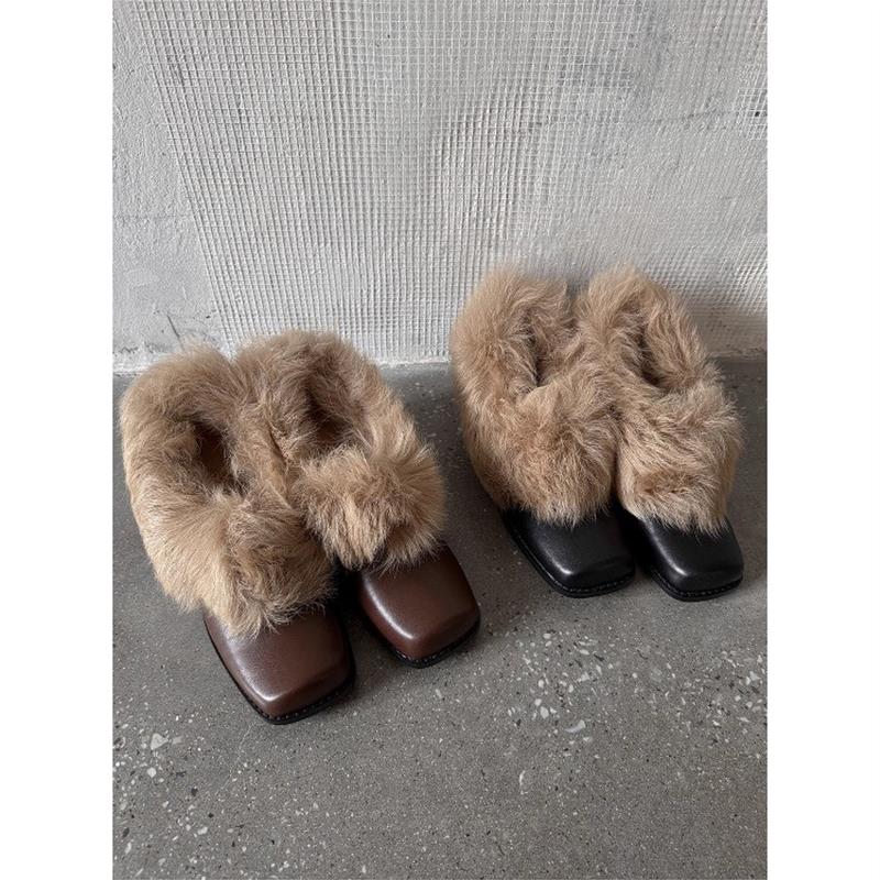 覆古方头一脚蹬毛毛鞋皮毛一体加绒保暖玛丽珍小皮鞋粗高跟单鞋女