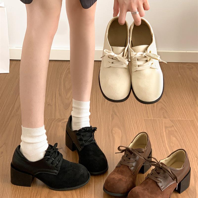 覆古玛丽珍小皮鞋女2025秋冬新款百搭绒面粗跟系带配裙子高跟单鞋
