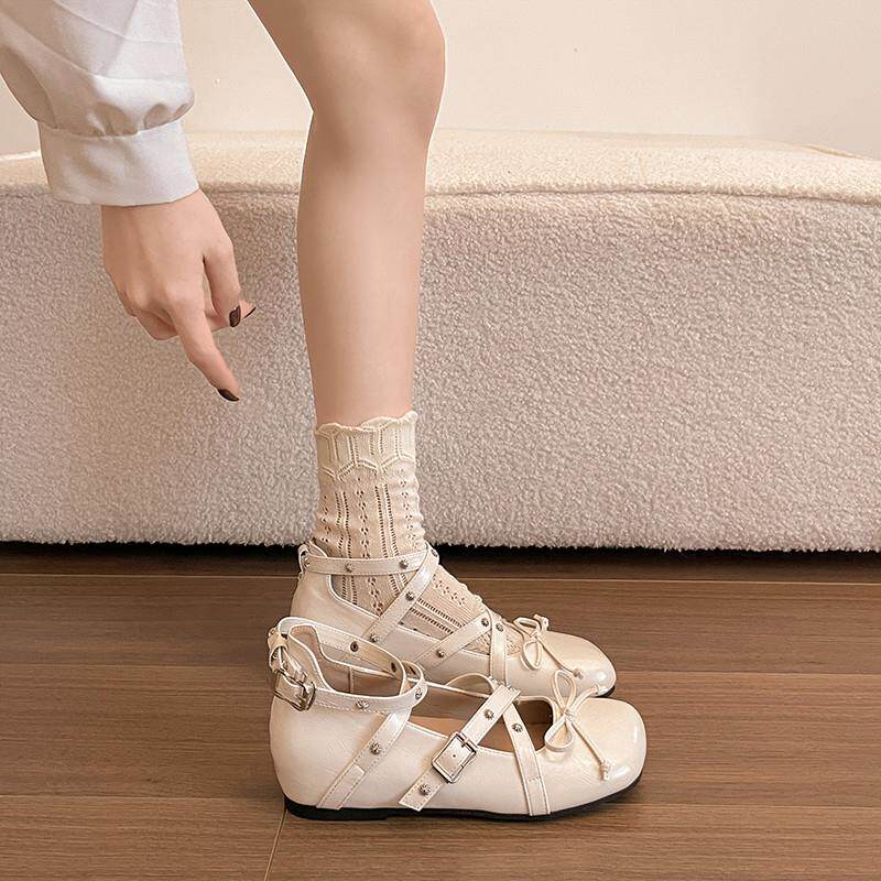 甜酷铆钉交叉带玛丽珍鞋女2026春季新款复古芭蕾风内增高浅口单鞋