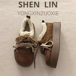 厚底加绒复古双鞋带勃肯鞋女2025年冬季新款百搭休闲保暖乐福棉鞋