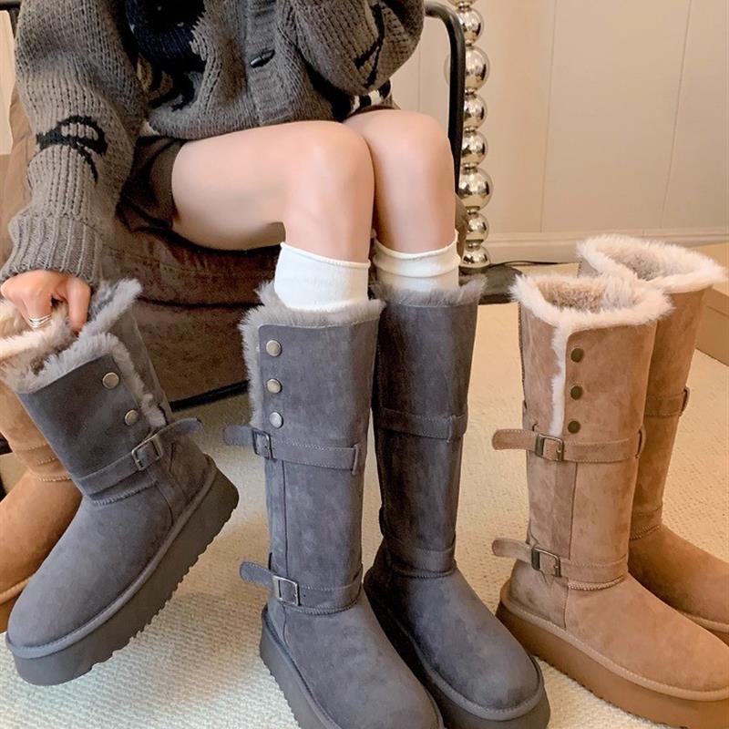 真皮~灰色厚底毛毛保暖雪地靴长筒冬季新款铆钉皮带扣加厚毛棉鞋