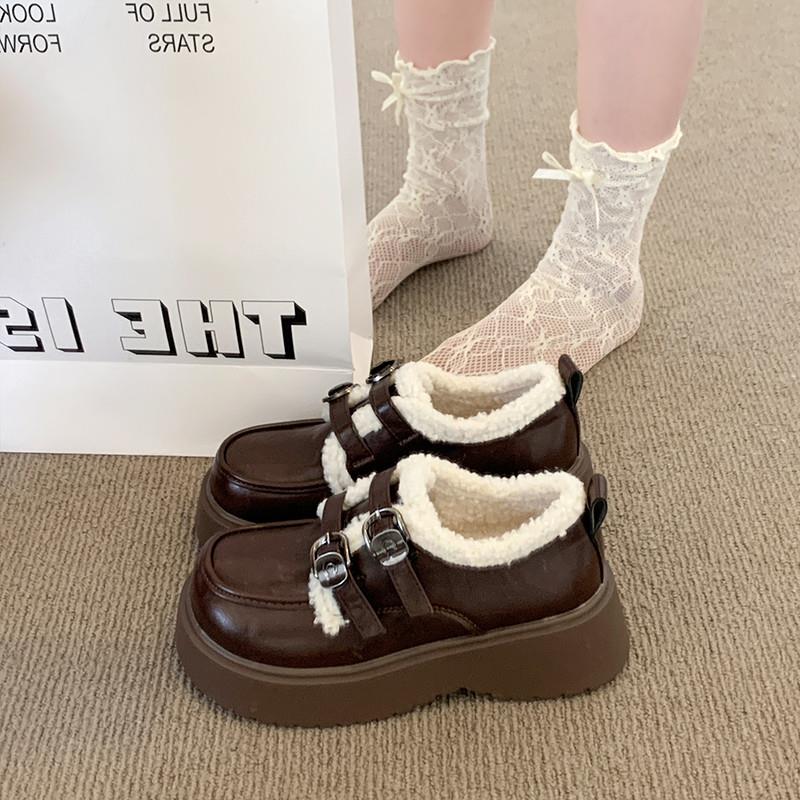 2025秋冬新款加绒英伦风百搭厚底小皮鞋女保暖雪地靴棉鞋配裙子jk